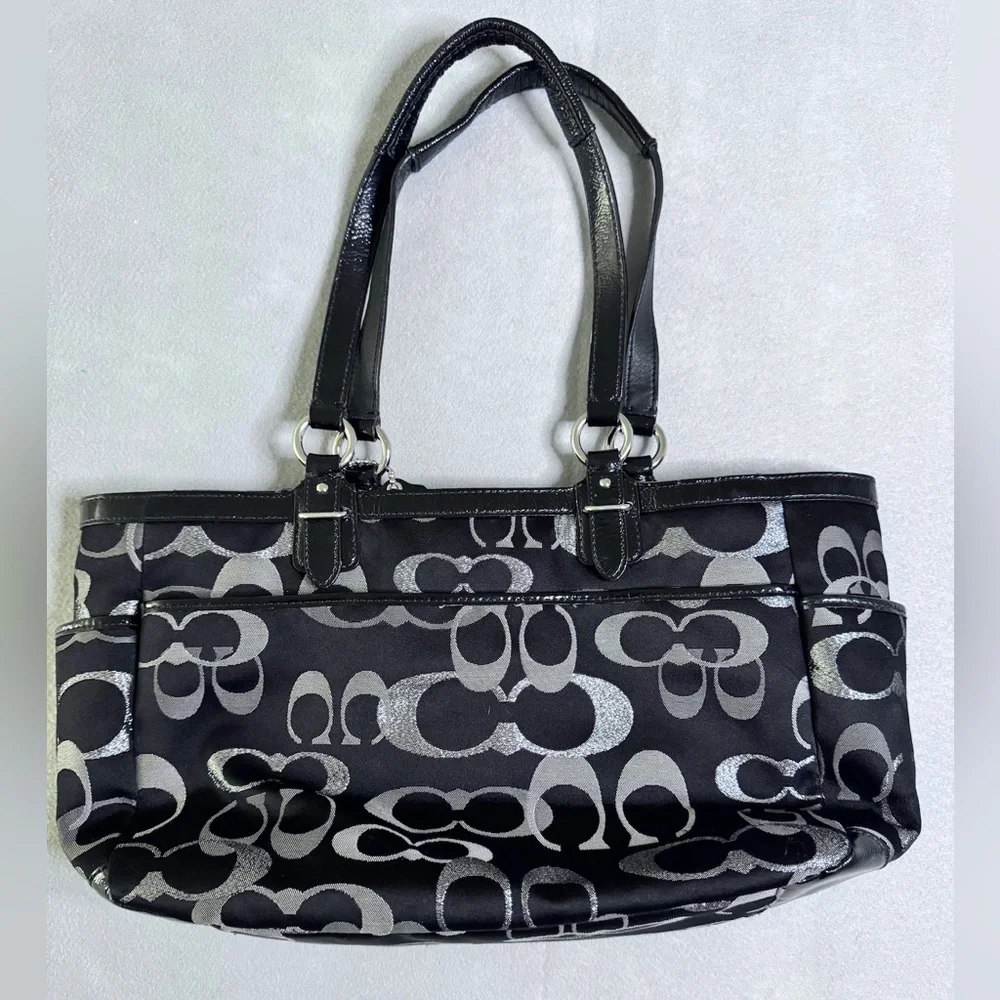 Coach Women's Metallic Silver Black SoHo Signature Shoulder Bag Tote F19664 Y2K - Picture 2 of 16